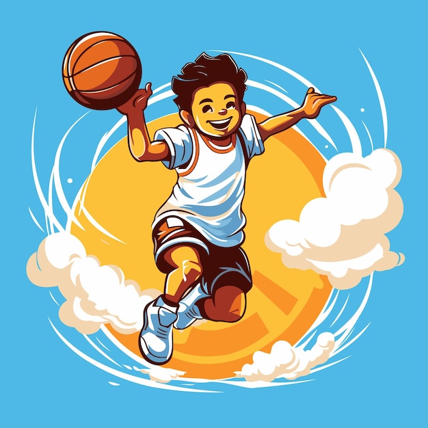 Vectorillustratie van een jongen die basketbal speelt op een achtergrond van wolken