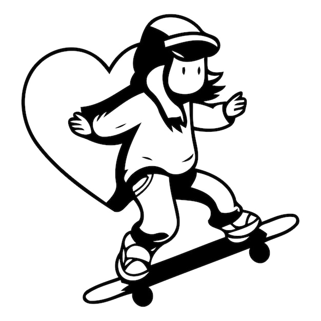 Vectorillustratie van een jongen die op een skateboard rijdt met een groot hart