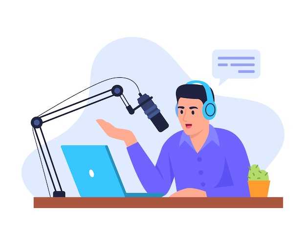 Vectorillustratie van een jongen radio presentator Cartoon scène met een radio presentator zit aan een tafel met een microfoon en koptelefoon en online communiceren via een laptop geïsoleerd op een witte achtergrond