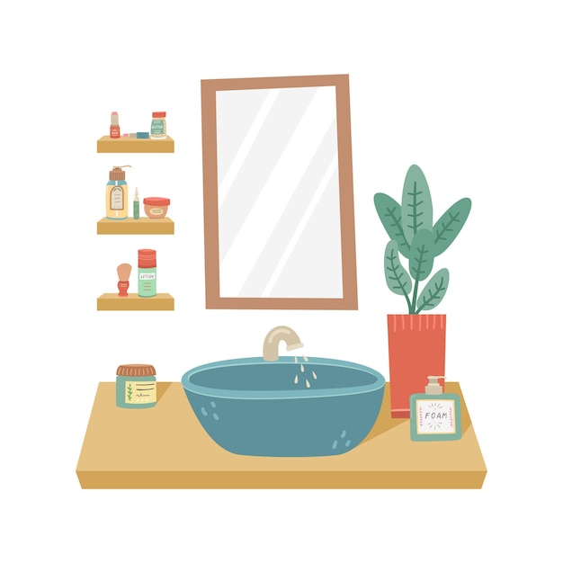 Vectorillustratie van een kast met een wastafel en een spiegel aan de muur Badkamer met verzorgings- en make-upproducten