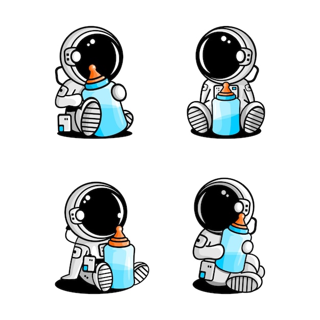 Vectorillustratie van een kindastronaut die een babyfopspeenfles draagt