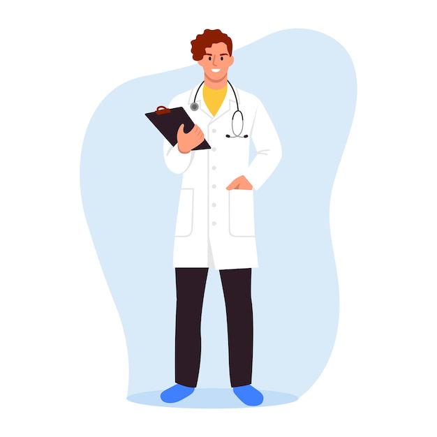 Vectorillustratie van een knappe mannelijke dokter Cartoon scène van een glimlachende dokter in een witte jas met een hand in een zak schoen bedekt een stethoscoop een tablet voor papier geïsoleerd op een witte achtergrond