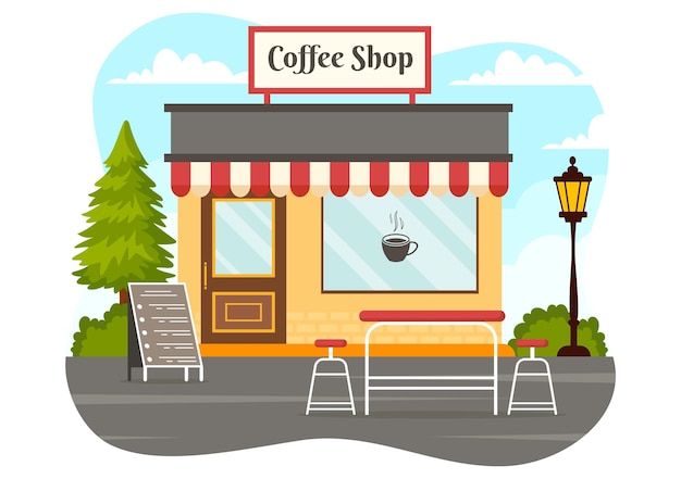 Vectorillustratie van een koffiewinkel met interieur en meubels geschikt voor poster of reclame