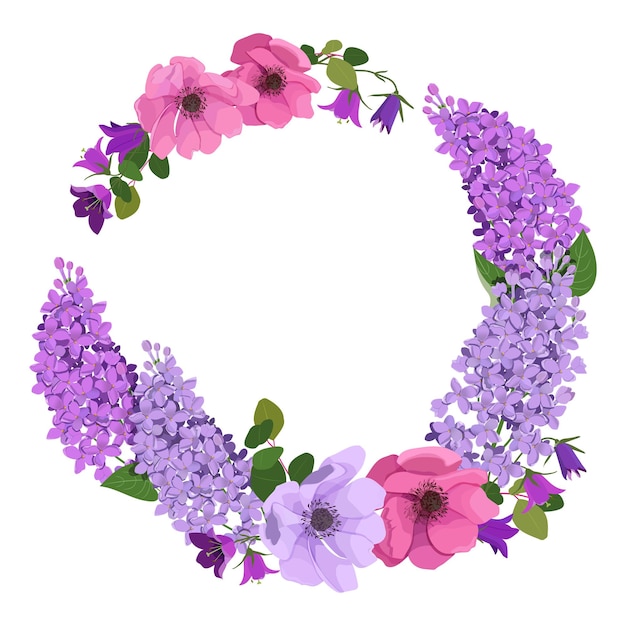 Vectorillustratie van een krans met bloemen van anemone campanula en lila op een witte geïsoleerde achtergrond met plaats voor uw tekst sjabloon voor wenskaarten uitnodigingen webdesigns