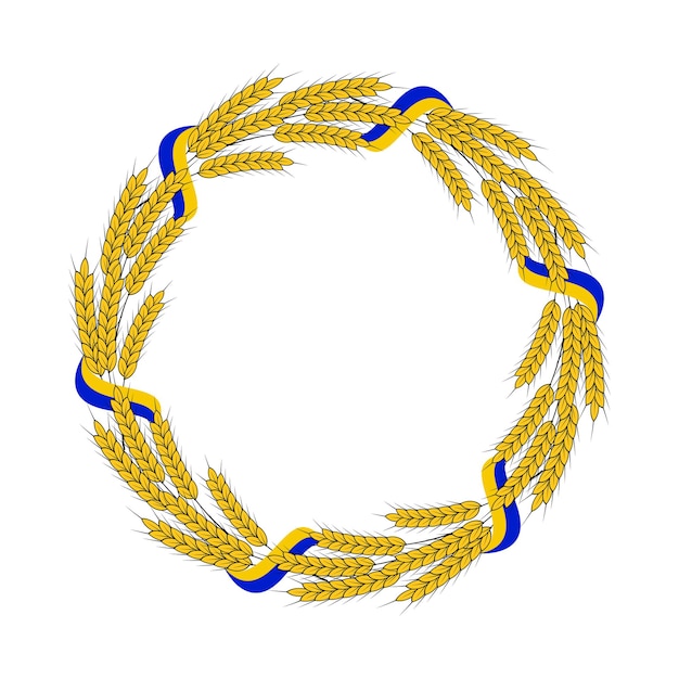 Vector vectorillustratie van een krans van aartjes van tarwe met de oekraïense vlag geïsoleerd op een witte achtergrond met ruimte voor uw tekst illustratie ronde frame gemaakt van granen