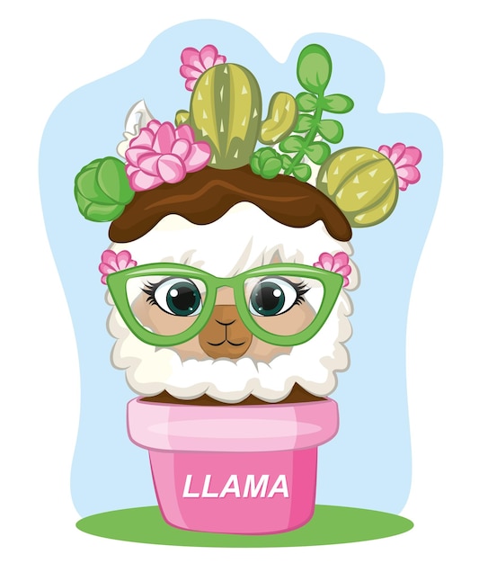 Vectorillustratie van een lama tussen de cactus en de vaas. zomer lama met bril. cactusplant in een vaas.