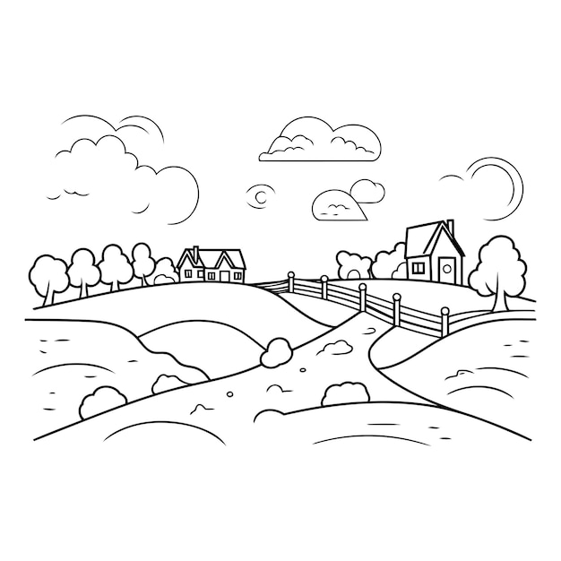 Vector vectorillustratie van een landelijk landschap met huis en hek lijnkunst