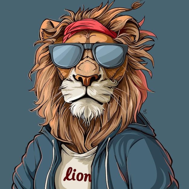 Vector vectorillustratie van een leeuw met een zonnebril en een rode bandana