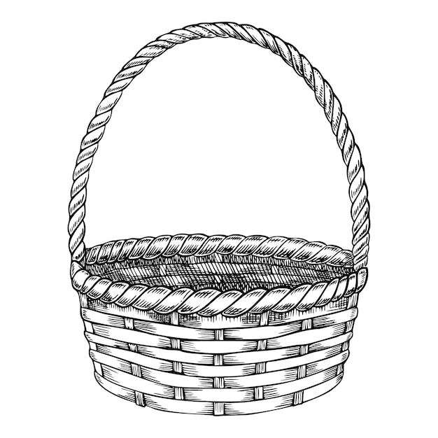 Vectorillustratie van een lege wicker mand met handvat voor rustiek ontwerp op een geïsoleerde achtergrond