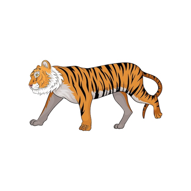 Vectorillustratie van een lopende tijger, een dier met oranje vacht en zwarte strepen.