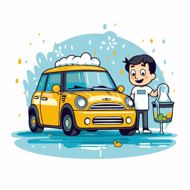 Vector vectorillustratie van een man die een gele auto schoonmaakt reinigingsdienst