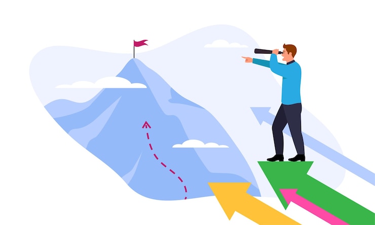 Vector vectorillustratie van een man die slaagt cartoon scène met een man die door een verrekijker naar een berg met een rode vlag kijkt en de top van het bedrijf bereikt op wit carrièregroei business plan