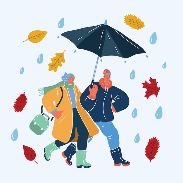 Vectorillustratie van een man en een vrouw onder een paraplu die onder de vallende bladeren lopen