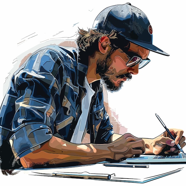 Vector vectorillustratie van een man in een honkbalpet en bril werkt op een laptop