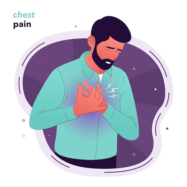 Vectorillustratie van een man met een baard die symptomen van een hartaanval op de borst voelt