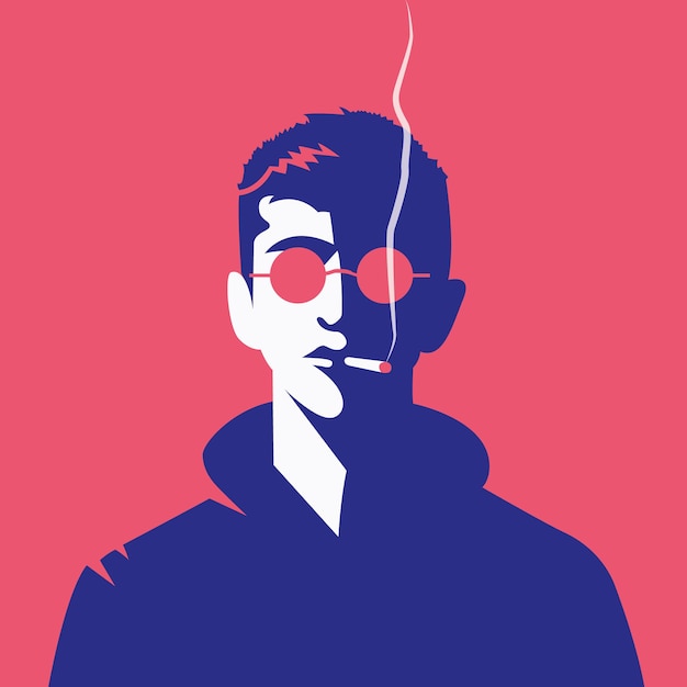 Vector vectorillustratie van een man met een hoodie-jasje in een trendy stijl die rookt en een bril draagt