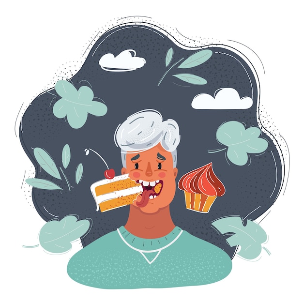 Vector vectorillustratie van een man met een taart mannelijke zoet tand personage op donkere achtergrond