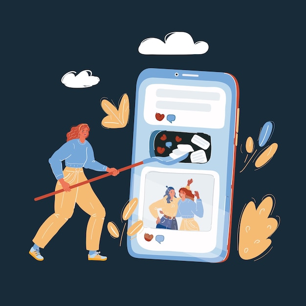 Vectorillustratie van een meisje dat inhoud in een blog toevoegt met een mobiele app op haar grote gigantische telefoon Vrouw lijdt aan verslaving aan sociale media