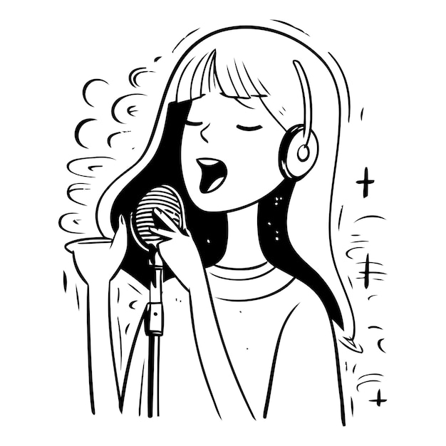 Vectorillustratie van een meisje dat zingt met een microfoon in haar hand