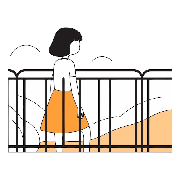 Vectorillustratie van een meisje in een oranje jurk die op het balkon staat