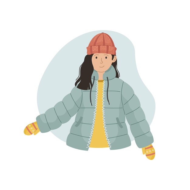 Vector vectorillustratie van een meisje in een sintepon winterjas en een gebreide muts. winterkleding