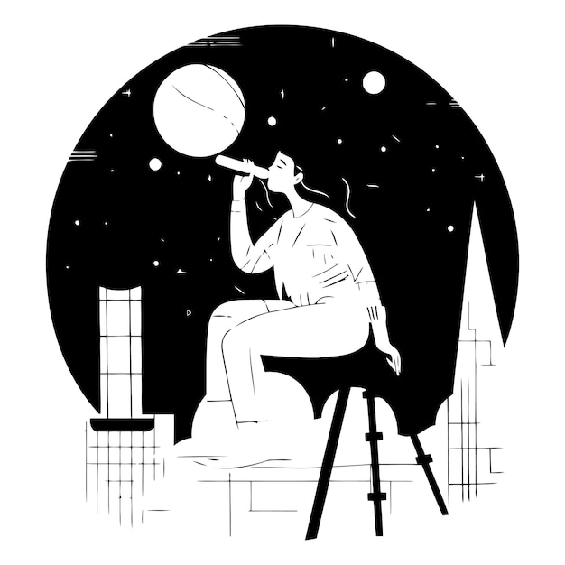 Vector vectorillustratie van een meisje met een honkbal op de achtergrond van de nachtelijke stad