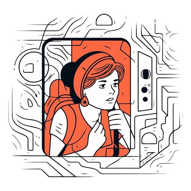 Vectorillustratie van een meisje met een rode helm en een telefoon in haar hand