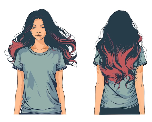 Vectorillustratie van een meisje met lang haar in een T-shirt