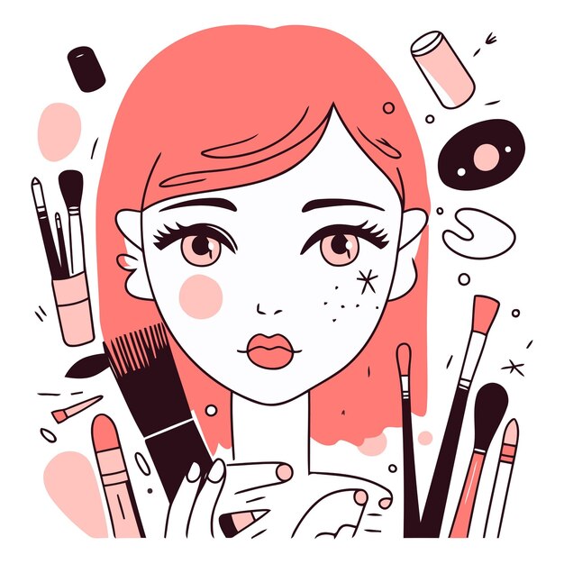 Vector vectorillustratie van een meisje met make-upborstels en cosmetica in een platte stijl