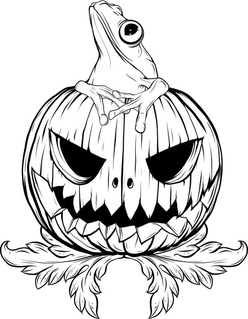 Vectorillustratie van een monochrome Halloween-pompoen met kikker