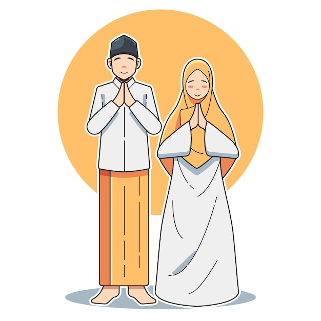 vectorillustratie van een moslimpaar dat moslimkleren draagt en staat terwijl ze een gelukkig eid wensen