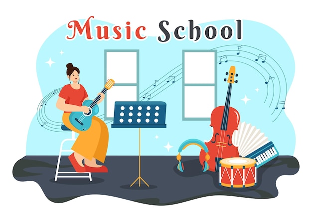 Vector vectorillustratie van een muziekschool met het spelen van verschillende muziekinstrumenten en zangers