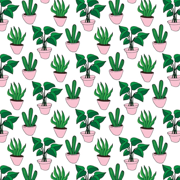 Vectorillustratie van een naadloos patroon van trendy kamerplanten in potten