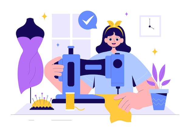 Vectorillustratie van een naaister met een modeontwerper die jurken naait en outfits creëert in een kleermakerij met een platte achtergrond
