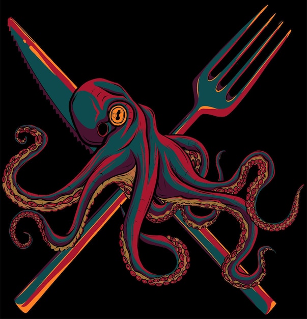 Vector vectorillustratie van een octopus met bestek voor een restaurant pictogram symbool of logo