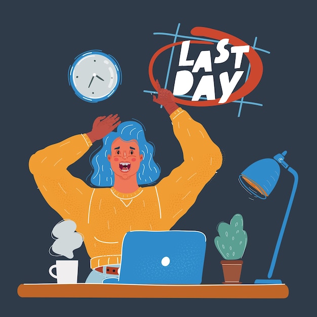 Vectorillustratie van een paniekerige vrouw bij het werken van het gezicht's nachts aan het einde van de werkdag Kalenderdatum laatste dag maand deadline op donkere achtergrond