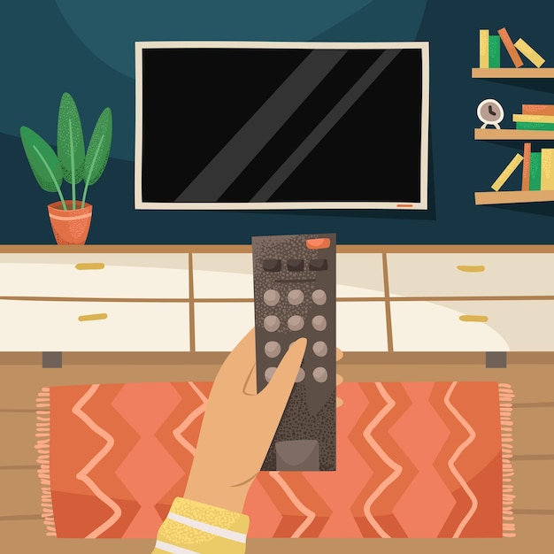 Vectorillustratie van een persoon die van kanaal wisselt met een afstandsbediening van een tv het interieur van een woonkamer met een tv, een kist en een potplant