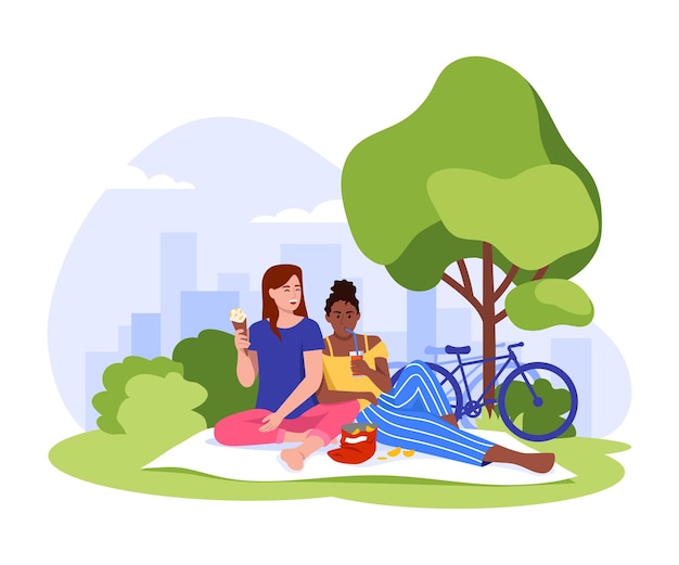 Vectorillustratie van een picknick in de natuur Cartoon scène van meisjes zittend op het gazon eten en drinken met een picknick buiten de stad met een fiets geïsoleerd op een witte achtergrond