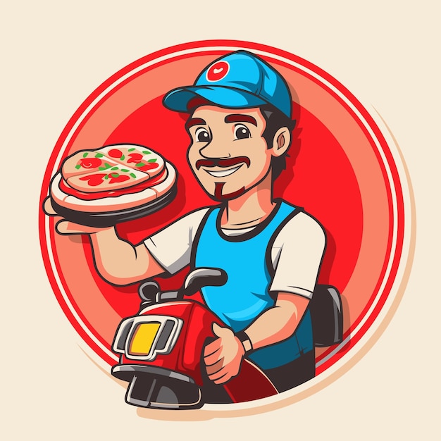 Vector vectorillustratie van een pizza bezorger die een pizza in zijn hand houdt op een lichte achtergrond