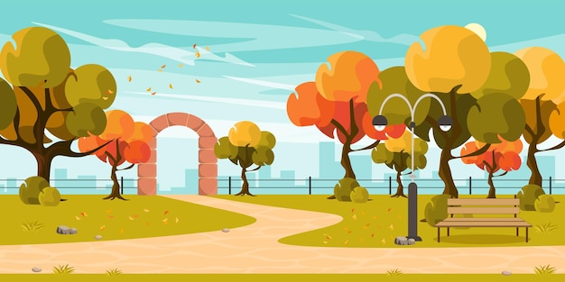 Vector vectorillustratie van een prachtig herfstpark cartoon stedelijke gebouwen met grote boog stenen pad bankjes lantaarns bomen met stad op de achtergrond