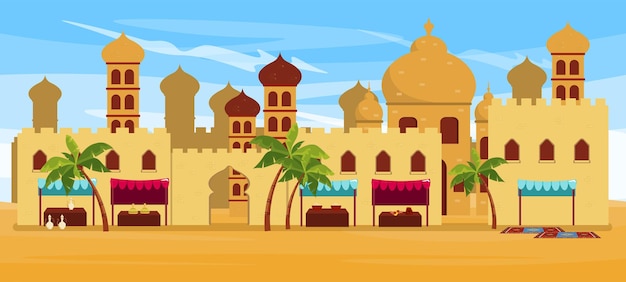 Vectorillustratie van een prachtig zomerlandschap van een Arabische stad Cartoon zonnig stadslandschap in de woestijn met gebouwen met koepels moskeeën winkels op straat met verschillende goederen onder luifels en palmbomen