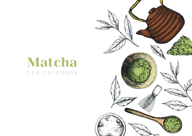 Vectorillustratie van een reclame horizontale banner van thee matcha Flyer of post over een theeceremonie of product