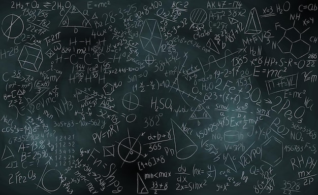 Vectorillustratie van een reeks technische formules met de hand geschreven op een schoolbord