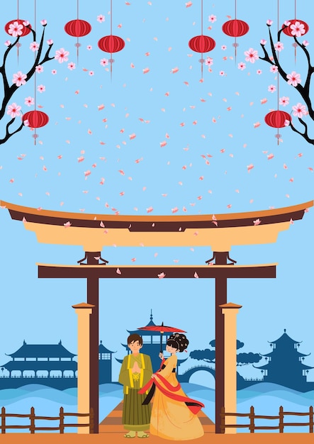 Vectorillustratie van een schattig koppel dat op een houten brug poseert met kersenbloesembladeren die spetteren