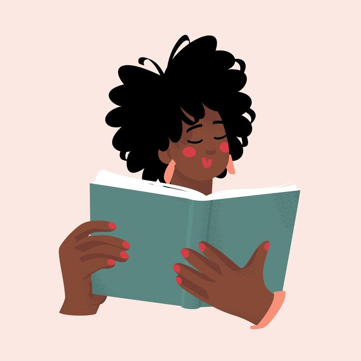 Vector vectorillustratie van een schattige afro-vrouw die een boek leest