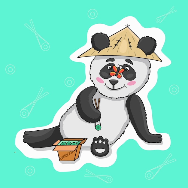 Vectorillustratie van een schattige panda die bamboe eet. Platte cartoon-stijl. Geschikt voor sticker