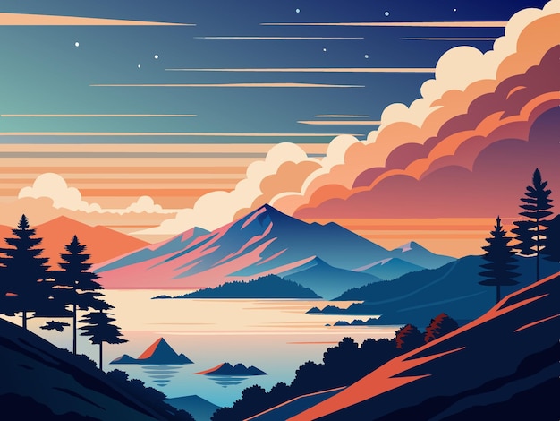 Vector vectorillustratie van een schilderij van een zonsondergang met bergen en wolken