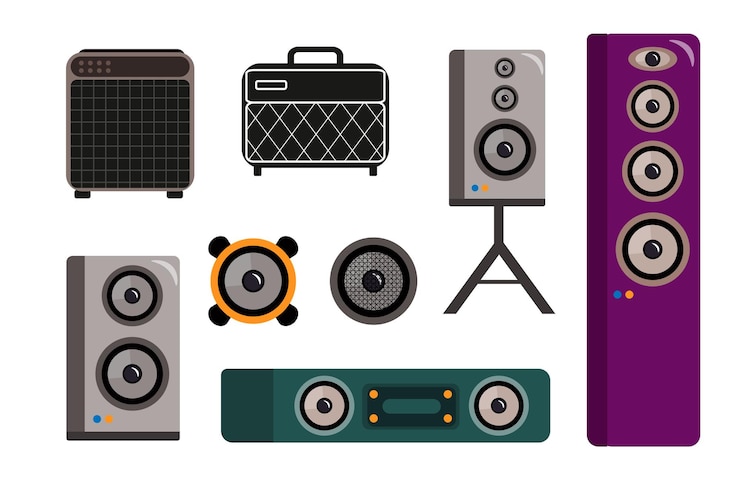 Vector vectorillustratie van een set items voor het luisteren naar muziek in cartoon stijl luidsprekers radio en radio geïsoleerd op witte achtergrond luisteren naar nieuwsprogramma's en muziek