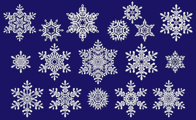 Vectorillustratie van een set kerst sneeuwvlok sjablonen op een blauwe achtergrond