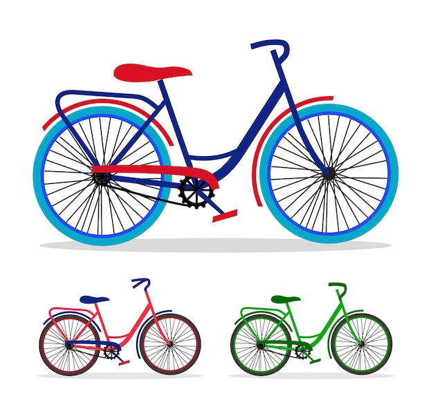 Vectorillustratie van een set van drie fietsen in verschillende kleuren die u kunt gebruiken voor postersjabloon